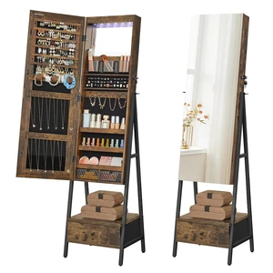LED Mirror Jewelry Cabinet Armoire, Freestanding Lockable | Freestanding Organizer with 2 Plastic Cosmetic Storage, for Necklace Earring, Rustic Brown and Ink Black UJJC025X01 LED Mirror Jewelry Cabinet Armoire, Freestanding Lockable | Freestanding Organizer with 2 Plastic Cosmetic Storage, for Necklace Earring, Rustic Brown and Ink Black UJJC025X01