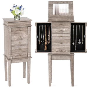 Standing Jewelry Cabinet, Flip Top Mirror, 5 Drawers & Swing Doors | Jewelry Armoire Organizer, Necklace Hooks, Top Divided Storage Tray with Ring Slots, Velvet Lined, Light Gray Oak Standing Jewelry Cabinet, Flip Top Mirror, 5 Drawers & Swing Doors | Jewelry Armoire Organizer, Necklace Hooks, Top Divided Storage Tray with Ring Slots, Velvet Lined, Light Gray Oak