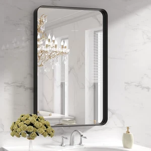 28X36 Inch Black Bathroom Mirror Metal Framed | Matte Black, Rounded Rectangle, Anti-Rust, Hangs Horizontally or Vertically 28X36 Inch Black Bathroom Mirror Metal Framed | Matte Black, Rounded Rectangle, Anti-Rust, Hangs Horizontally or Vertically