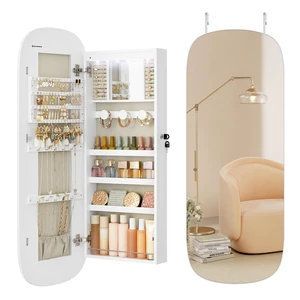 Jewelry Organizer, LED Jewelry Cabinet, Wall/Door Mounted | Rounded Wide Mirror with Storage, Cloud White Surface with Tan Lining, AILEAS Collection UJJC026W01 Jewelry Organizer, LED Jewelry Cabinet, Wall/Door Mounted | Rounded Wide Mirror with Storage, Cloud White Surface with Tan Lining, AILEAS Collection UJJC026W01