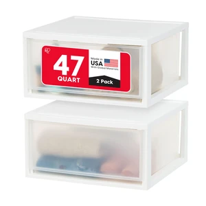 2-Pack, 47 Qt. Extra Large Stacking Drawer with Clear Door, White | Store bedding, clothing, shoes, snacks, and dorm essentials with stackable storage that maximizes small living spaces. 2-Pack, 47 Qt. Extra Large Stacking Drawer with Clear Door, White | Store bedding, clothing, shoes, snacks, and dorm essentials with stackable storage that maximizes small living spaces.