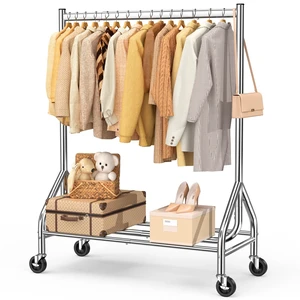 Heavy Duty Clothes Rack Load 420 LBS, Rolling Garment Rack with Lockable Wheels, Standing Metal Clothing Rack with Shelves, Portable Wardrobe Sturdy Coat Rack for Hanging Clothes (Silver) Heavy Duty Clothes Rack Load 420 LBS, Rolling Garment Rack with Lockable Wheels, Standing Metal Clothing Rack with Shelves, Portable Wardrobe Sturdy Coat Rack for Hanging Clothes (Silver)
