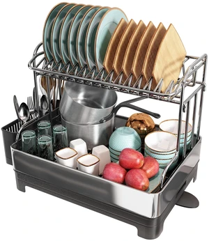 Large 304 Stainless Steel Dish Drainer Drying Rack with Drainboard | Extra Large Two Tier Space Saving, Rust Proof Metal, Automatic Drainage Dish Drainer for Kitchen Counter, Black Large 304 Stainless Steel Dish Drainer Drying Rack with Drainboard | Extra Large Two Tier Space Saving, Rust Proof Metal, Automatic Drainage Dish Drainer for Kitchen Counter, Black