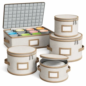 Storage Containers, Hard Shell, 5 Piece Beige with Brown Leather Trim | For glassware, mugs & porcelain Hard shell side and bottom support with padded dividers for stacking, store & easy moving Storage Containers, Hard Shell, 5 Piece Beige with Brown Leather Trim | For glassware, mugs & porcelain Hard shell side and bottom support with padded dividers for stacking, store & easy moving