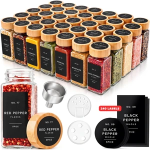 Glass Spice Jars with Label, 36x Bamboo Wooden Lids - Black Labels | Airtight Lids keep spices fresh, Kitchen Spice Drawer Organizer, 4oz Seasoning Containers incl. Funnel, Brush & 240 Labels Glass Spice Jars with Label, 36x Bamboo Wooden Lids - Black Labels | Airtight Lids keep spices fresh, Kitchen Spice Drawer Organizer, 4oz Seasoning Containers incl. Funnel, Brush & 240 Labels