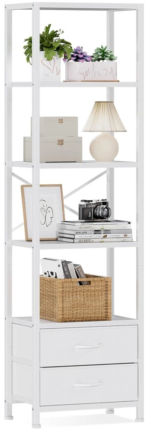 5-Tier Corner Shelf,Tall Narrow Bookshelf with Drawers,White | 65.16" H Bookcase with Fabric Bins and Metal Frame,Wood Display Shelves for Bedroom,Living Room,Home Office,Easy to Assemble 5-Tier Corner Shelf,Tall Narrow Bookshelf with Drawers,White | 65.16" H Bookcase with Fabric Bins and Metal Frame,Wood Display Shelves for Bedroom,Living Room,Home Office,Easy to Assemble