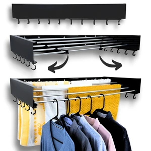 Foldable Wall Mounted Drying Rack - 31.5 Wide, 13.2 Ft Drying Space, 5 Aluminum Rods, Supports Up to 60 lbs - Retractable & Foldable Space-Saving Wall Mounted Clothes Drying Rack (Black) Foldable Wall Mounted Drying Rack - 31.5 Wide, 13.2 Ft Drying Space, 5 Aluminum Rods, Supports Up to 60 lbs - Retractable & Foldable Space-Saving Wall Mounted Clothes Drying Rack (Black)