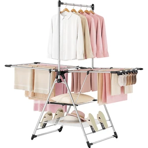 Clothes Drying Rack with High Hanger, 3-Level Drying Racks | Foldable Laundry Stand with Adjustable Wings,Shoe Rack, Crossbar, Silver Clothes Drying Rack with High Hanger, 3-Level Drying Racks | Foldable Laundry Stand with Adjustable Wings,Shoe Rack, Crossbar, Silver