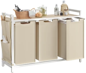 Laundry Hamper with Shelf, 3 Pull-Out Bags, 3 x 10.6 Gallons (40 L) | Laundry Basket, Laundry Sorter 3 Section, Metal Frame, Cappuccino Beige and Natural Beige, BRENTA Collection UBLH301LH66 Laundry Hamper with Shelf, 3 Pull-Out Bags, 3 x 10.6 Gallons (40 L) | Laundry Basket, Laundry Sorter 3 Section, Metal Frame, Cappuccino Beige and Natural Beige, BRENTA Collection UBLH301LH66