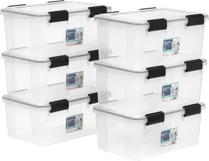 6-Pack 19 Qt Storage Bins with Gasket Lids, Clear/Black | WeatherPro seal protects shoes, crafts, documents and supplies from dust and moisture 6-Pack 19 Qt Storage Bins with Gasket Lids, Clear/Black | WeatherPro seal protects shoes, crafts, documents and supplies from dust and moisture