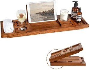 Teak Bathtub Tray, Adjustable Wood Bath Organizer Caddy | Builtin wine holder, tablet & book stand. Waterresistant finish, fits most tubs for everyday bathroom application Teak Bathtub Tray, Adjustable Wood Bath Organizer Caddy | Builtin wine holder, tablet & book stand. Waterresistant finish, fits most tubs for everyday bathroom application