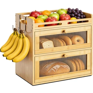 Bread Box for Kitchen Countertop, 2-Tier Bamboo Storage with Top Shelf | Large Capacity Bread Container, 2 Banana Hooks, Acrylic Window, Rear Vents, Counter Organizer for Pantry, Fruit, Jars, Snacks Bread Box for Kitchen Countertop, 2-Tier Bamboo Storage with Top Shelf | Large Capacity Bread Container, 2 Banana Hooks, Acrylic Window, Rear Vents, Counter Organizer for Pantry, Fruit, Jars, Snacks