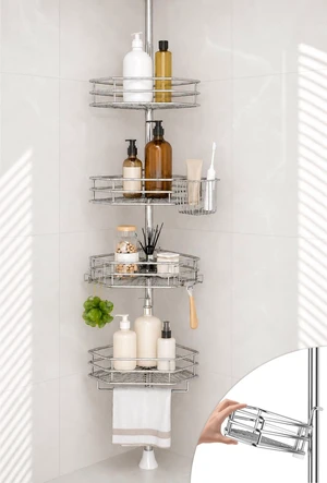 Rustproof Corner Shower Caddy Tension Pole for Bathroom Storage | Adjust Shelves in Seconds, Stainless Steel Baskets & Rods, 4-Tier Shelves for Shampoo Holders, Fits 34116 in Ceiling, Chrome Rustproof Corner Shower Caddy Tension Pole for Bathroom Storage | Adjust Shelves in Seconds, Stainless Steel Baskets & Rods, 4-Tier Shelves for Shampoo Holders, Fits 34116 in Ceiling, Chrome