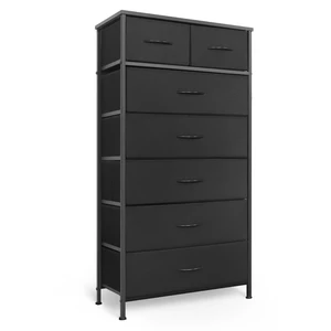 Tall Dresser for Bedroom, Vertical Storage Organizer Tower with 7 Drawers, Chest of Drawers with Fabric Bins, Steel Frame, Wood Top for Bedroom, Closet, Entryway- Black Tall Dresser for Bedroom, Vertical Storage Organizer Tower with 7 Drawers, Chest of Drawers with Fabric Bins, Steel Frame, Wood Top for Bedroom, Closet, Entryway- Black