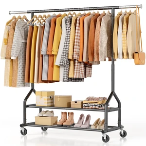 Heavy Duty Clothes Rack Load 556 LBS, Rolling Clothing Rack With Shelves, Height Adjustable Metal Clothes Hanger with Wheels Portable Wardrobe Organizer Garment Rod for Hanging Clothes (Black) Heavy Duty Clothes Rack Load 556 LBS, Rolling Clothing Rack With Shelves, Height Adjustable Metal Clothes Hanger with Wheels Portable Wardrobe Organizer Garment Rod for Hanging Clothes (Black)