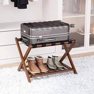 Fully Assembled Bamboo Luggage Rack, Walnut Folding Suitcase Stand with Shoe Shelf, Heavy-Duty Luggage Holder for Guest Room Must Haves, Bedroom, Hotel, 1 Pack Fully Assembled Bamboo Luggage Rack, Walnut Folding Suitcase Stand with Shoe Shelf, Heavy-Duty Luggage Holder for Guest Room Must Haves, Bedroom, Hotel, 1 Pack