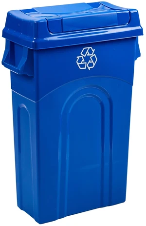 23 Gallon Highboy Plastic Recycling Bin Kitchen Trash Can with Lid, Pass Through Handles, and Dustpan Edge, Blue 23 Gallon Highboy Plastic Recycling Bin Kitchen Trash Can with Lid, Pass Through Handles, and Dustpan Edge, Blue