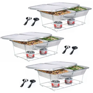 Disposable Chafing Dish Buffet Set With 6-Hour Fuel, 30 Piece | 3 full-size buffet setups with 6 fuel cans, 3 water pans, 6 half-size food pans, 6 lids, 3 wire racks, and serving utensils Disposable Chafing Dish Buffet Set With 6-Hour Fuel, 30 Piece | 3 full-size buffet setups with 6 fuel cans, 3 water pans, 6 half-size food pans, 6 lids, 3 wire racks, and serving utensils