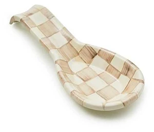 Enamel Spoon Rest, Brown-and-White Mocha Check | Hand-painted design, made from enameled steel, utensil rest and spoon holder for stovetop and kitchen counter use, 8.5" L Enamel Spoon Rest, Brown-and-White Mocha Check | Hand-painted design, made from enameled steel, utensil rest and spoon holder for stovetop and kitchen counter use, 8.5" L