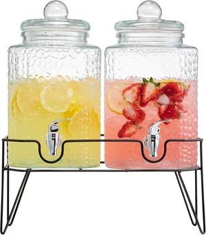 Glass Beverage Drink Dispenser w/Metal Stand Set of 2, 1.5 Gal | Elevated Metal Base Pair Featuring Spigots Chalkboard Label & Extra Spout for Parties Weddings and Events, Daily Everyday Use Glass Beverage Drink Dispenser w/Metal Stand Set of 2, 1.5 Gal | Elevated Metal Base Pair Featuring Spigots Chalkboard Label & Extra Spout for Parties Weddings and Events, Daily Everyday Use