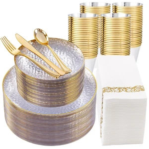 350PCS Clear Gold Plastic Dinnerware Set for 50 Guests | Hammered Disposable Plates for Party, Include: 50 Dinner Plates, 50 Dessert Plates, 150 Gold Silverware, 50 Napkins, 50 Cups 350PCS Clear Gold Plastic Dinnerware Set for 50 Guests | Hammered Disposable Plates for Party, Include: 50 Dinner Plates, 50 Dessert Plates, 150 Gold Silverware, 50 Napkins, 50 Cups