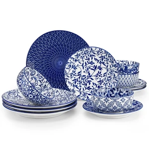 Plates and Bowls Set for 4, 12 Pieces Dinnerware Sets, Mircowave and Dishwasher Safe Dishes Set, Porcelain Blue Dinnerware Plates and Bowls Set for 4, 12 Pieces Dinnerware Sets, Mircowave and Dishwasher Safe Dishes Set, Porcelain Blue Dinnerware