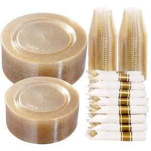 350PCS Gold Glitter Plastic Dinnerware Set for 50 Guests | Disposable Plates for Party Include: 50 Dinner Plates, 50 Dessert Plates, 50 Pre Rolled Napkins with Gold Silverware, 50 Cups 350PCS Gold Glitter Plastic Dinnerware Set for 50 Guests | Disposable Plates for Party Include: 50 Dinner Plates, 50 Dessert Plates, 50 Pre Rolled Napkins with Gold Silverware, 50 Cups