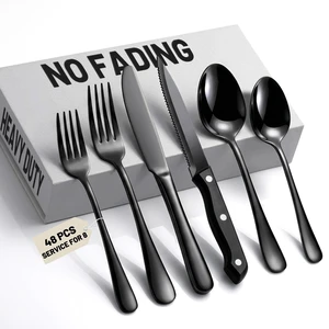 48 PCS NO-FADING Black Silverware Set with Steak Knives, Flatware for 8 | Titanium Black Finish, Rust Resistant, Food-Grade Stainless Steel Cutlery Utensils Set, Mirror Polished & Dishwasher Safe 48 PCS NO-FADING Black Silverware Set with Steak Knives, Flatware for 8 | Titanium Black Finish, Rust Resistant, Food-Grade Stainless Steel Cutlery Utensils Set, Mirror Polished & Dishwasher Safe