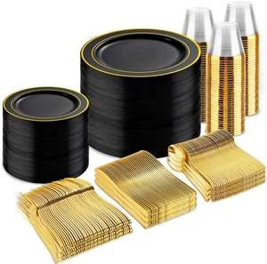 600PCS Black and Gold Disposable Dinnerware Set - Black Plastic Plates Disposable for Party Include 100 Dinner&100 Dessert Plates,100 Knives,100 Forks,100 Spoons,100 Cups for Party & Graduation 600PCS Black and Gold Disposable Dinnerware Set - Black Plastic Plates Disposable for Party Include 100 Dinner&100 Dessert Plates,100 Knives,100 Forks,100 Spoons,100 Cups for Party & Graduation