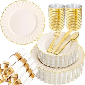 350PCS Ivory Scalloped Plastic Plates for Wedding Party | Ivory and Gold Disposable Dinnerware Set Include 100 Plates, 150 Gold Silverware, 50 Cups, 50 Napkins 350PCS Ivory Scalloped Plastic Plates for Wedding Party | Ivory and Gold Disposable Dinnerware Set Include 100 Plates, 150 Gold Silverware, 50 Cups, 50 Napkins
