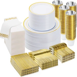 700 PCS Disposable White and Gold Plastic Plates for 100 Guests | Gold Plates Sets Include: 200 Plastic Plates, 100 Gold Silverware, 100 Cups, 100 Paper Napkins for Party, Wedding, Christmas 700 PCS Disposable White and Gold Plastic Plates for 100 Guests | Gold Plates Sets Include: 200 Plastic Plates, 100 Gold Silverware, 100 Cups, 100 Paper Napkins for Party, Wedding, Christmas