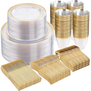 Clear Plates with Gold Trim, 600-Piece Plastic Dinnerware Set | Clear and gold plastic plates, gold cutlery and clear cups for weddings, receptions, showers and parties Clear Plates with Gold Trim, 600-Piece Plastic Dinnerware Set | Clear and gold plastic plates, gold cutlery and clear cups for weddings, receptions, showers and parties