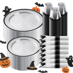 350 Pcs Clear Plastic Plates with Black Rim, Plastic Dinnerware | Disposable Plates for 50, Includes 100 Plates, 50 Pre Rolled Napkins with Cutlery Set, 50 Cups, for Halloween Party 350 Pcs Clear Plastic Plates with Black Rim, Plastic Dinnerware | Disposable Plates for 50, Includes 100 Plates, 50 Pre Rolled Napkins with Cutlery Set, 50 Cups, for Halloween Party