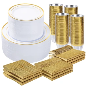 600PCS Gold Dinnerware Set for 100 Guests, | for Party, 100 Gold Disposable Plates, 100 Dessert Plates, 100 Cups, 100 Spoons, 100 Forks and 100 Knives 600PCS Gold Dinnerware Set for 100 Guests, | for Party, 100 Gold Disposable Plates, 100 Dessert Plates, 100 Cups, 100 Spoons, 100 Forks and 100 Knives