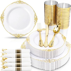 350Pcs Gold Plastic Plates, Disposable Dinnerware Set for 50 Guests | 100 White Disposable Plates, 50 Pre Rolled Silverware Set, 50 10oz Cups, Perfect for Wedding, Party, Back to School, BPA-free 350Pcs Gold Plastic Plates, Disposable Dinnerware Set for 50 Guests | 100 White Disposable Plates, 50 Pre Rolled Silverware Set, 50 10oz Cups, Perfect for Wedding, Party, Back to School, BPA-free