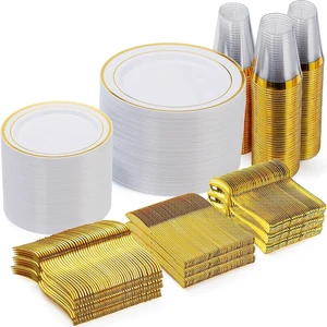 600 Pieces Gold Disposable Plastic Plates for 100 Guests | Include: Dinnerware Set of 100 Dinner and 100 Dessert Plates, 100 Spoons, 100 Forks, 100 Knives, 100 Cups Plates for Party 600 Pieces Gold Disposable Plastic Plates for 100 Guests | Include: Dinnerware Set of 100 Dinner and 100 Dessert Plates, 100 Spoons, 100 Forks, 100 Knives, 100 Cups Plates for Party