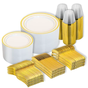 600PCS White and Gold Plastic Plates, Disposable Dinnerware Set | 100 Dinner & Dessert Plates, Forks, Spoons, Knives, Cups, Heavy Duty, Gold Rim, 100 Guest, for Wedding Birthday Party 600PCS White and Gold Plastic Plates, Disposable Dinnerware Set | 100 Dinner & Dessert Plates, Forks, Spoons, Knives, Cups, Heavy Duty, Gold Rim, 100 Guest, for Wedding Birthday Party