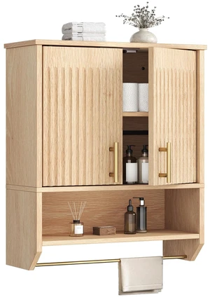 Narrow Bathroom Wall Cabinet with Towel Rack, Space Saving Medicine Cabinet for Small Spaces, Farmhouse Fluted Wall Storage Cabinet with Adjustable Shelf, Natural Narrow Bathroom Wall Cabinet with Towel Rack, Space Saving Medicine Cabinet for Small Spaces, Farmhouse Fluted Wall Storage Cabinet with Adjustable Shelf, Natural