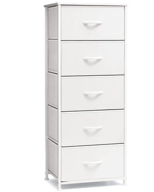Tall Dresser Vertical Fabric Storage Tower Organizer, 5 Drawers (White) | Sturdy Steel Frame, Wood Top and Easy Pull Handle, Space-saving Organizer for Clothes, Bedroom, Hallway, Entryway, Closets Tall Dresser Vertical Fabric Storage Tower Organizer, 5 Drawers (White) | Sturdy Steel Frame, Wood Top and Easy Pull Handle, Space-saving Organizer for Clothes, Bedroom, Hallway, Entryway, Closets