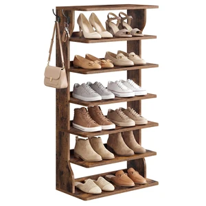 7-Tier Vertical Shoe Rack, Narrow Shoe Storage Organizer with Hooks | Slim Corner Tower Shelf, Space Saving for Entryway and Bedroom, Rustic Brown, ISLAND Collection ULBS220KD01 7-Tier Vertical Shoe Rack, Narrow Shoe Storage Organizer with Hooks | Slim Corner Tower Shelf, Space Saving for Entryway and Bedroom, Rustic Brown, ISLAND Collection ULBS220KD01