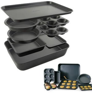 Home 8 Piece Nesting Bakeware Set, Nonstick Cookie Sheets and Tins | 8 piece baking set, nonstick baking pan set, muffin pan, cake tins, nests into one 17.6in stack Home 8 Piece Nesting Bakeware Set, Nonstick Cookie Sheets and Tins | 8 piece baking set, nonstick baking pan set, muffin pan, cake tins, nests into one 17.6in stack