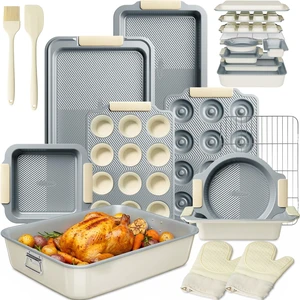 25-Piece Nonstick Baking Pans Set with Large Turkey Roasting Pan, Stackable Bakeware Set, 450°F Oven Safe Baking Sheet Set with Silicone Handles, Carbon Steel Cookie Sheets for Baking, Cream 25-Piece Nonstick Baking Pans Set with Large Turkey Roasting Pan, Stackable Bakeware Set, 450°F Oven Safe Baking Sheet Set with Silicone Handles, Carbon Steel Cookie Sheets for Baking, Cream