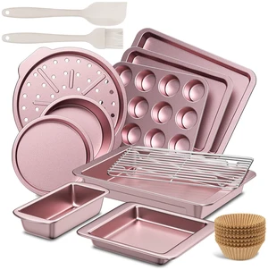 Bakeware Sets, Baking Pans Set, 12 Pieces Nonstick Oven Pan with 120 Muffin Liners for Kitchen, Wider Grips, Including Rack, Cookie Sheet, Cake, Loaf, Muffin, Pizza Pan - Pink Bakeware Sets, Baking Pans Set, 12 Pieces Nonstick Oven Pan with 120 Muffin Liners for Kitchen, Wider Grips, Including Rack, Cookie Sheet, Cake, Loaf, Muffin, Pizza Pan - Pink