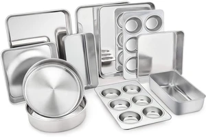 Stainless Steel Bakeware Set of 11 | Toaster Oven Baking Pan Set, Lasagna Pan, Square & Round Cake Pan, Loaf Pan & Muffin Pan, Healthy & Sturdy, Dishwasher Safe Stainless Steel Bakeware Set of 11 | Toaster Oven Baking Pan Set, Lasagna Pan, Square & Round Cake Pan, Loaf Pan & Muffin Pan, Healthy & Sturdy, Dishwasher Safe