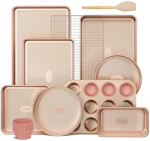 22-Piece Baking Pans Set Nonstick, Stackable Non Toxic Bakeware Sets with Diamond Texture, Oven Pan Set for Cooking, Includes Cookie Sheet with Rack, Cake Pan, Roasting Pan, Muffin Tin, Gold 22-Piece Baking Pans Set Nonstick, Stackable Non Toxic Bakeware Sets with Diamond Texture, Oven Pan Set for Cooking, Includes Cookie Sheet with Rack, Cake Pan, Roasting Pan, Muffin Tin, Gold