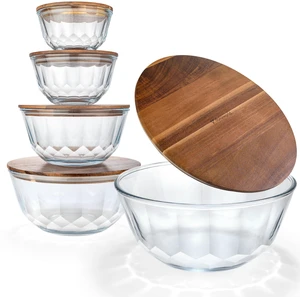 Large Stackable Glass Mixing Bowls with Acacia Lids Set of 5 | Microwave & Oven-ready. Durable Heat Resistant Inert Borosilicate Glass. For Foodprep, Storage, Mixing & Cooking Large Stackable Glass Mixing Bowls with Acacia Lids Set of 5 | Microwave & Oven-ready. Durable Heat Resistant Inert Borosilicate Glass. For Foodprep, Storage, Mixing & Cooking