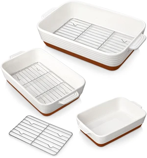 Casserole Dishes for Oven with Roasting Racks, Ceramic Baking Dishes Set of 3, Baking Pan Casserole Dish Set, Rectangular Lasagna Pan Deep with Handles for Baking, Khaki White (14.5''/13''/10.5'') Casserole Dishes for Oven with Roasting Racks, Ceramic Baking Dishes Set of 3, Baking Pan Casserole Dish Set, Rectangular Lasagna Pan Deep with Handles for Baking, Khaki White (14.5''/13''/10.5'')