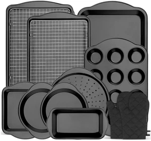 13 PCS Nonstick Bakeware Set - Carbon Steel Baking Pans Set with Dual Handles, Includes Roasting Pan, Pizza Pan, Cookie Sheet, Cake Pans, Muffin Pans, Cooling Rack, Oven Mitts, Non-Toxic 13 PCS Nonstick Bakeware Set - Carbon Steel Baking Pans Set with Dual Handles, Includes Roasting Pan, Pizza Pan, Cookie Sheet, Cake Pans, Muffin Pans, Cooling Rack, Oven Mitts, Non-Toxic