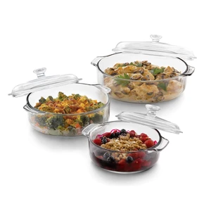 Baker's Basics Glass Casserole Dish Set with Covers, 3-Piece | Curved Pedestal Display baked goods, pastries, cupcakes, and pies with a clear cover for serving and freshness Baker's Basics Glass Casserole Dish Set with Covers, 3-Piece | Curved Pedestal Display baked goods, pastries, cupcakes, and pies with a clear cover for serving and freshness