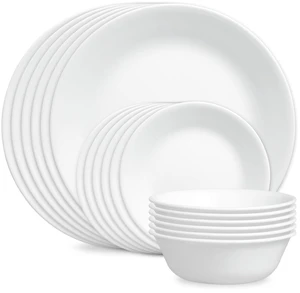 Vitrelle 18-Piece Service for 6 Dinnerware Set Triple Layer Glass and Chip Resistant, Lightweight Round Plates and Bowls Set, Winter Frost White Vitrelle 18-Piece Service for 6 Dinnerware Set Triple Layer Glass and Chip Resistant, Lightweight Round Plates and Bowls Set, Winter Frost White